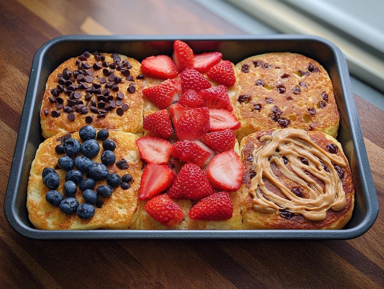 Sheet pan pancakes topped with blueberries, strawberries, chocolate chips, and peanut butter. 10-Ingredient Breakfast Ideas.