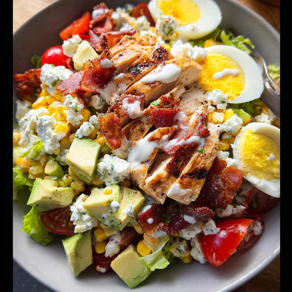 A delicious chicken salad featuring grilled chicken, bacon, avocado, corn, tomatoes, blue cheese, and hard-boiled eggs.