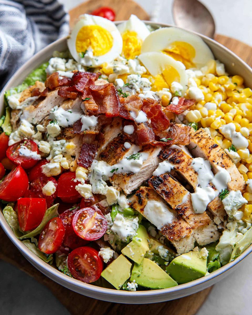 A vibrant chicken salad featuring grilled chicken, bacon, hard-boiled eggs, corn, tomatoes, avocado, and blue cheese.