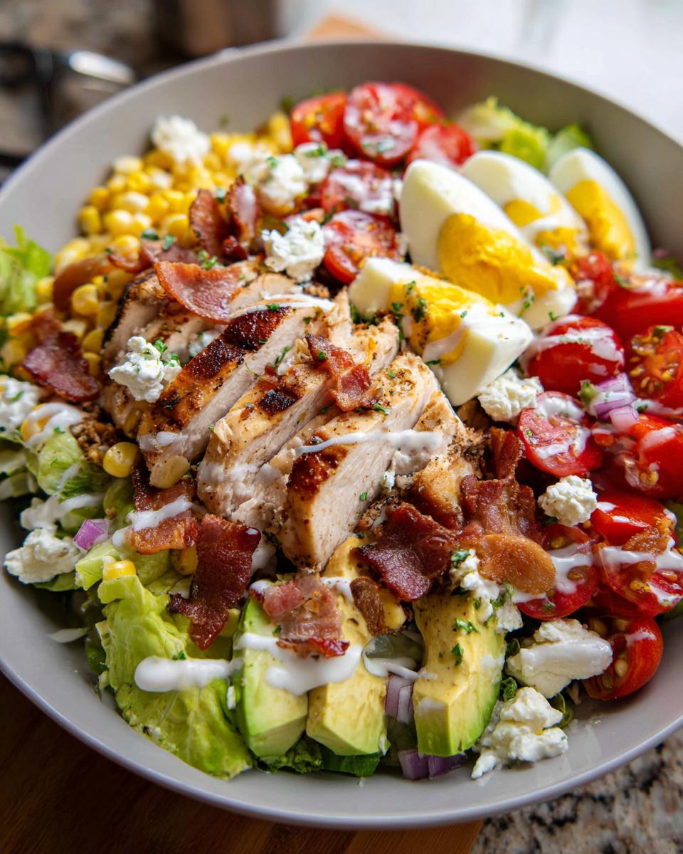 A vibrant 10-ingredient chicken salad featuring grilled chicken, crispy bacon, avocado, tomatoes, corn, and hard-boiled eggs.