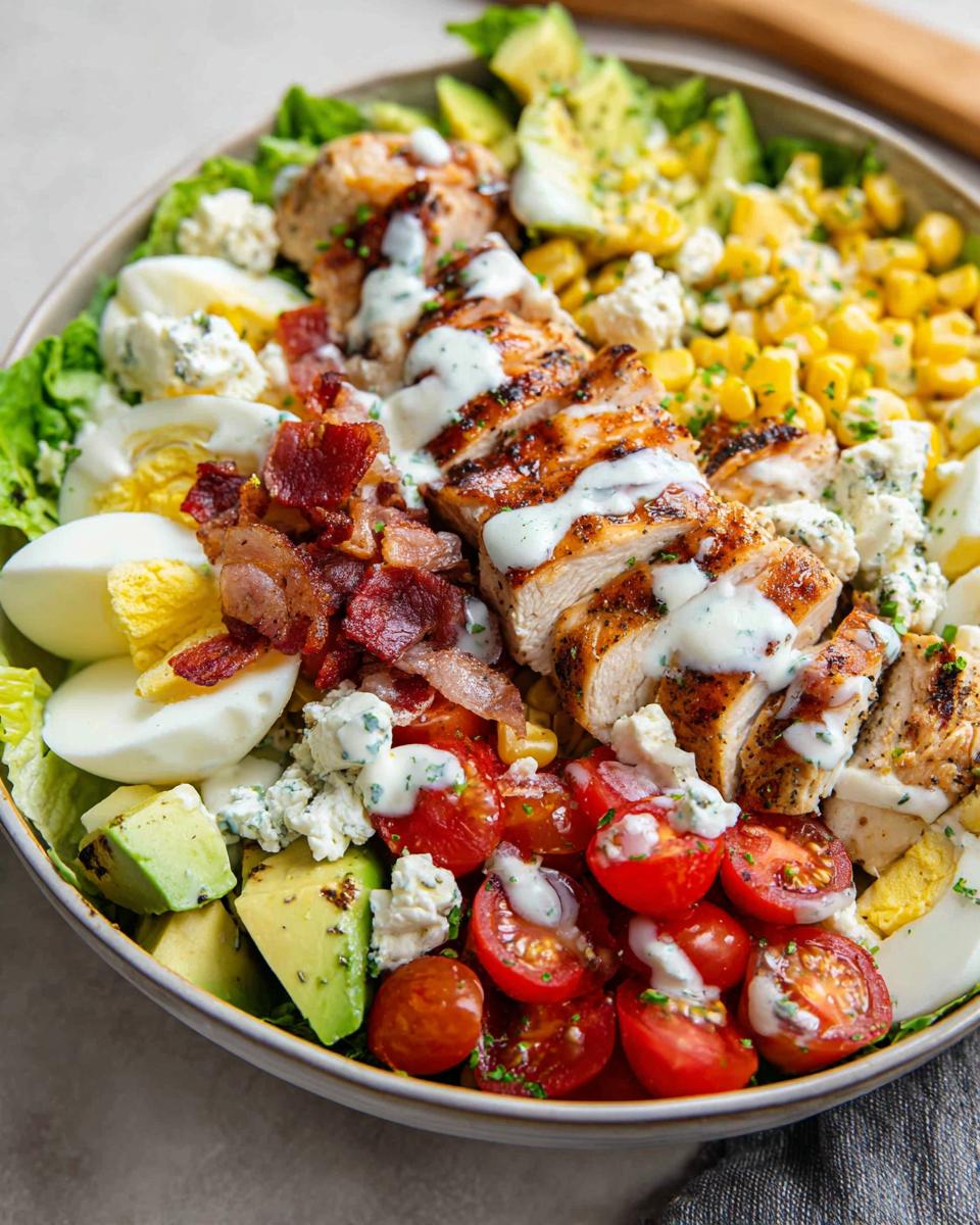 A close-up of a vibrant 10-ingredient chicken salad featuring grilled chicken, bacon, avocado, tomatoes, corn, eggs, and blue cheese.