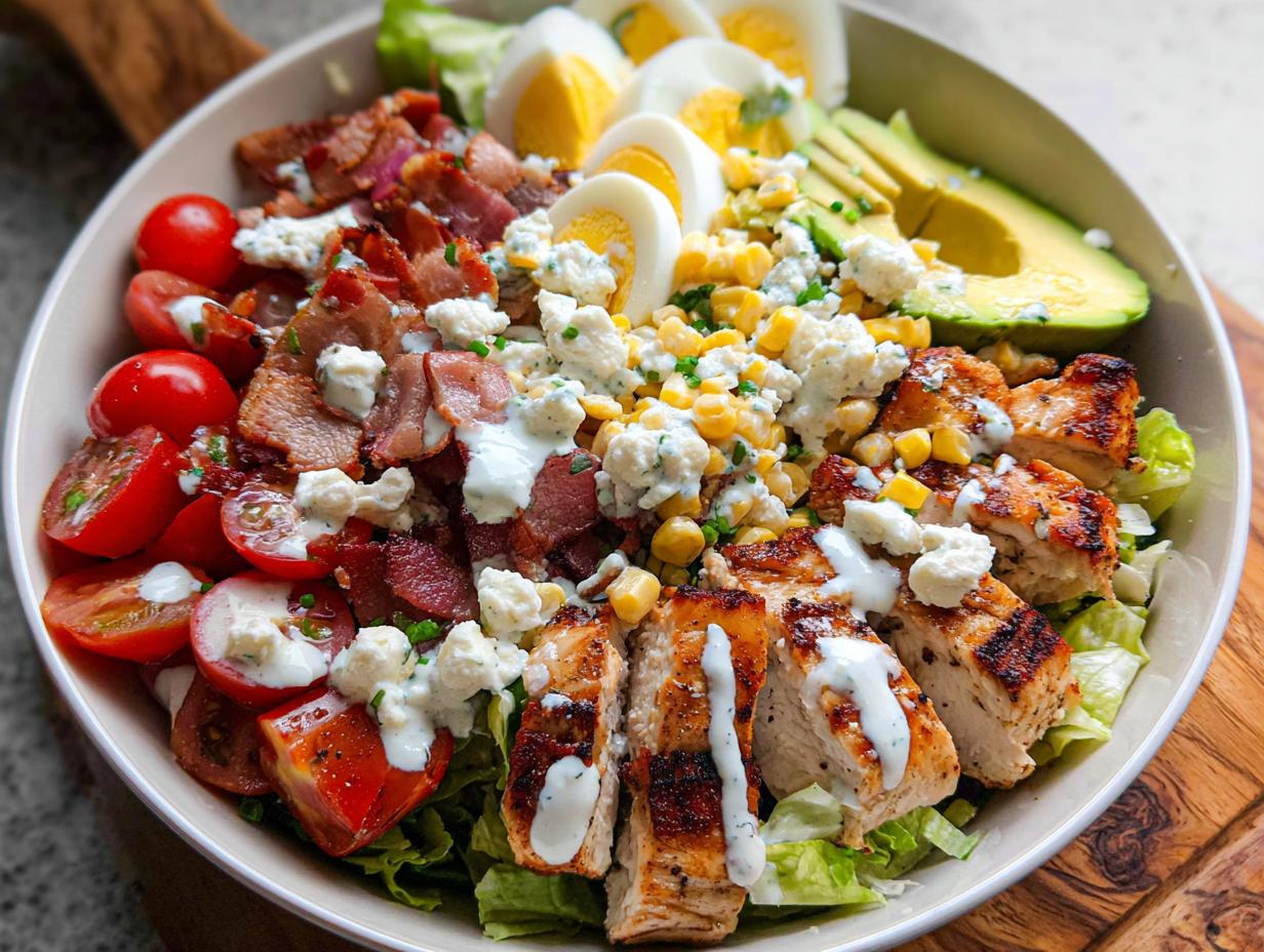 A vibrant salad featuring grilled chicken, crispy bacon, cherry tomatoes, corn, avocado, and hard-boiled eggs, drizzled with dressing. A perfect 10-ingredient chicken recipe.