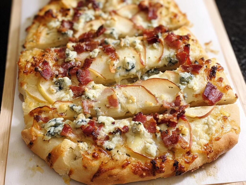 Close-up of a 10-ingredient pizza topped with pear slices, crumbled blue cheese, and crispy bacon.
