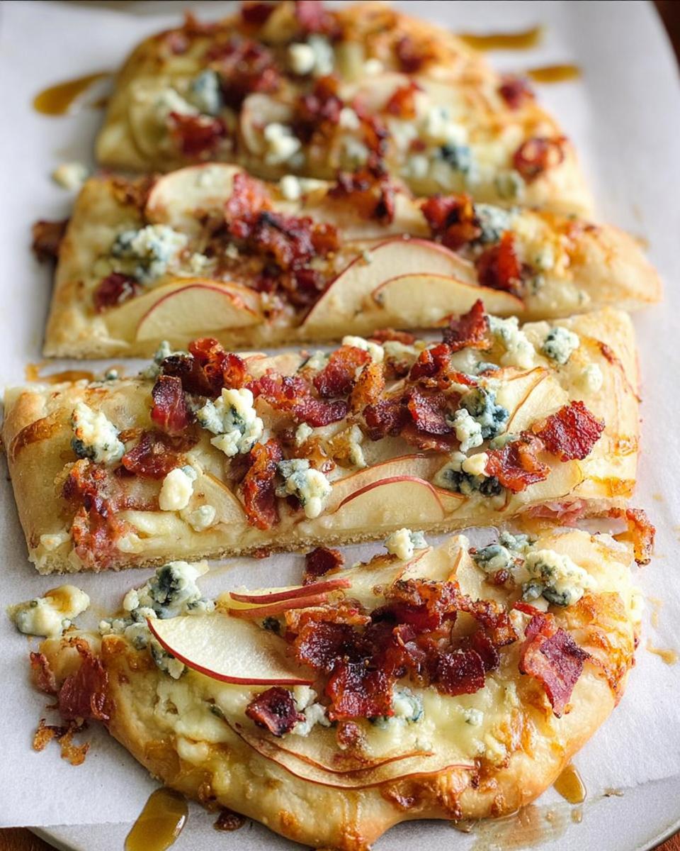 Close-up of a slice of 10-ingredient pizza featuring apple slices, crumbled blue cheese, and crispy bacon.
