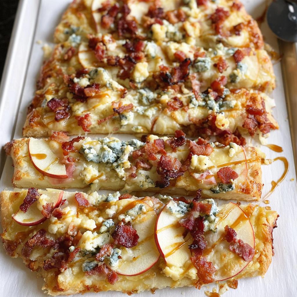 Close-up of a delicious 10-ingredient pizza with apple slices, crumbled blue cheese, and crispy bacon.