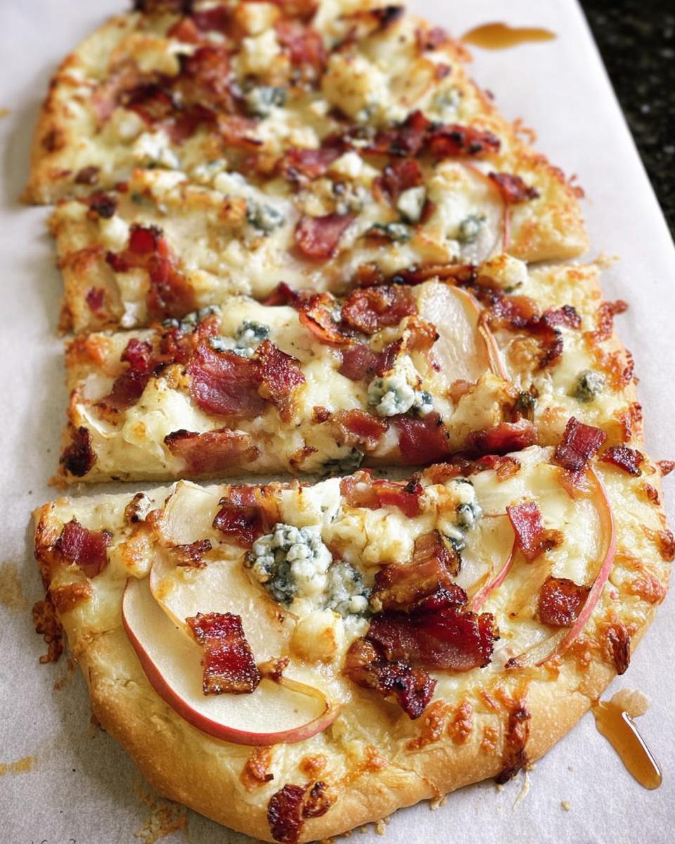 Close-up of a sliced 10-ingredient pizza topped with bacon, apple slices, and gorgonzola cheese.