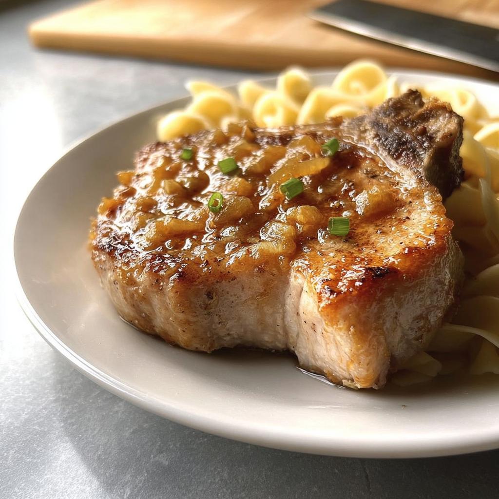 A delicious 10-ingredient pork chop recipe served with egg noodles and a rich, savory sauce, garnished with green onions.