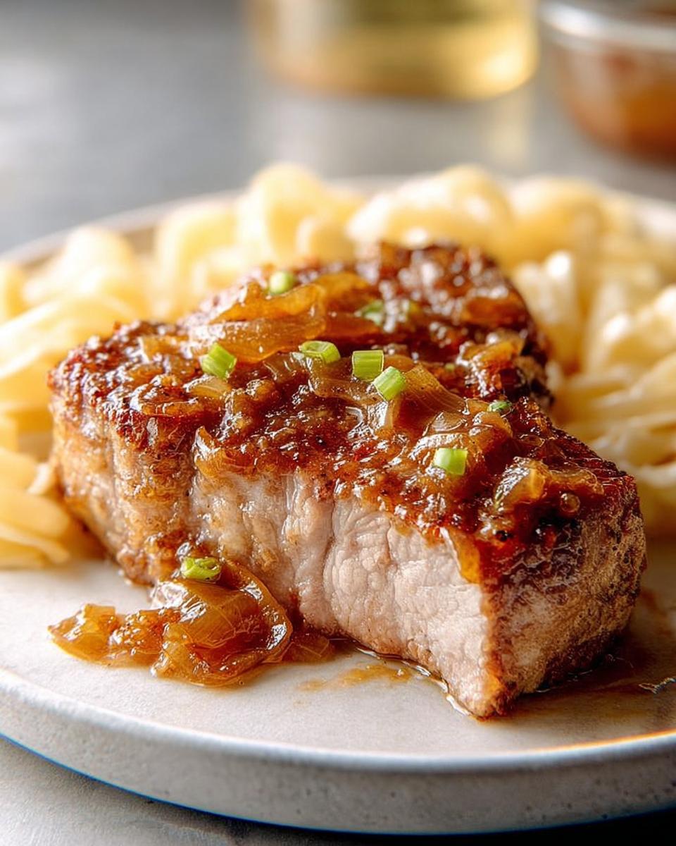 Close-up of a juicy pork chop topped with a rich onion glaze and garnished with green onions, served with pasta.