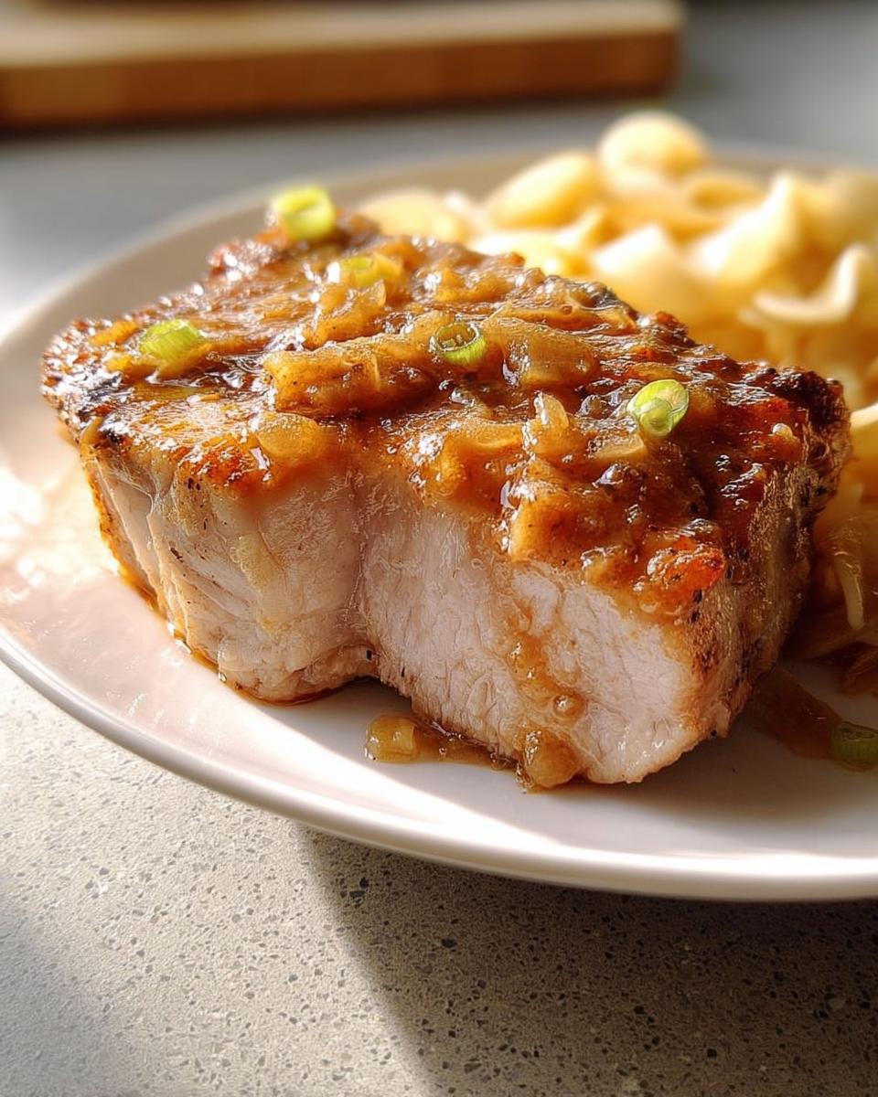 A perfectly cooked pork chop, topped with a savory onion glaze and garnished with green onions, served with pasta.