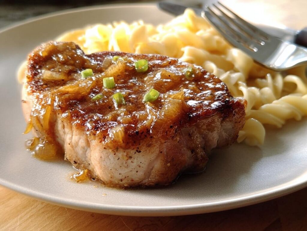 A juicy 10-ingredient pork chop served with pasta and topped with a rich onion gravy and green onions.