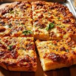 A close-up of a delicious, cheesy pizza cut into squares, perfect for a quick pizza night recipe.