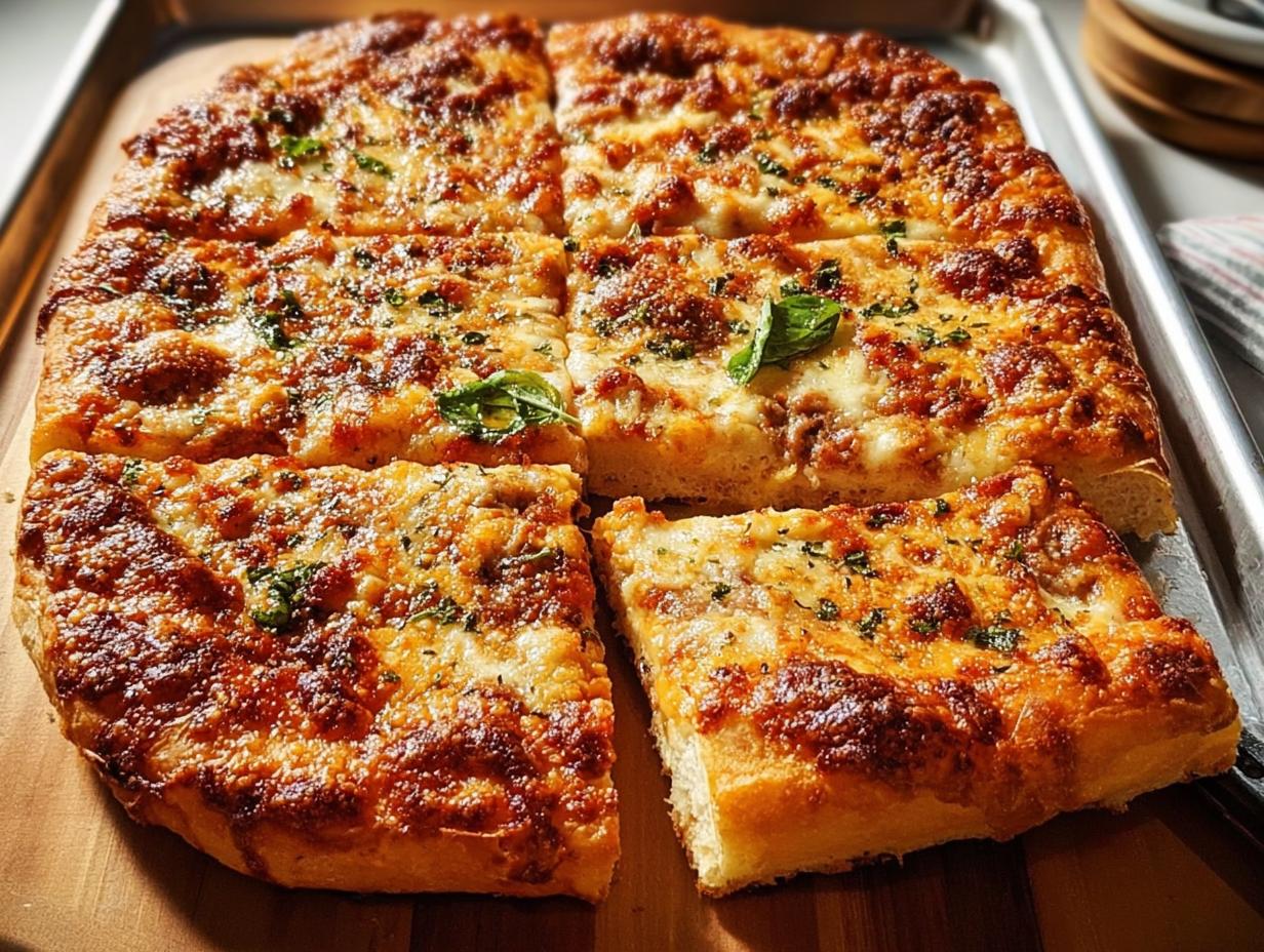 A close-up of a delicious, cheesy pizza cut into squares, perfect for a quick pizza night recipe.