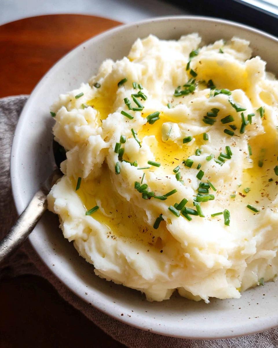 A close-up of creamy 12-Ingredient Mashed Potatoes topped with melted butter and fresh chives.