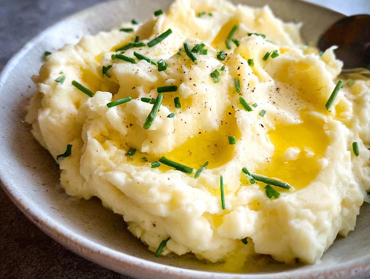 Close-up of fluffy 12-Ingredient Mashed Potatoes topped with melted butter and fresh chives.