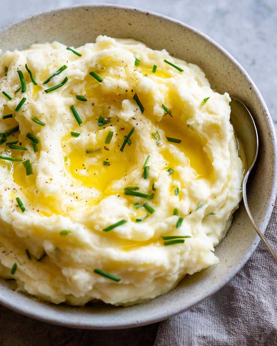 A close-up of creamy 12-Ingredient Mashed Potatoes topped with melted butter and chives in a bowl.