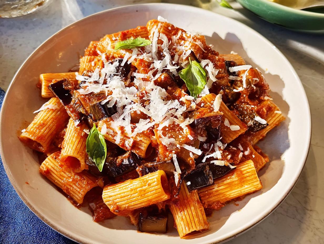 A close-up of rigatoni pasta with a rich tomato sauce, chunks of eggplant, and grated Parmesan cheese, garnished with fresh basil leaves.