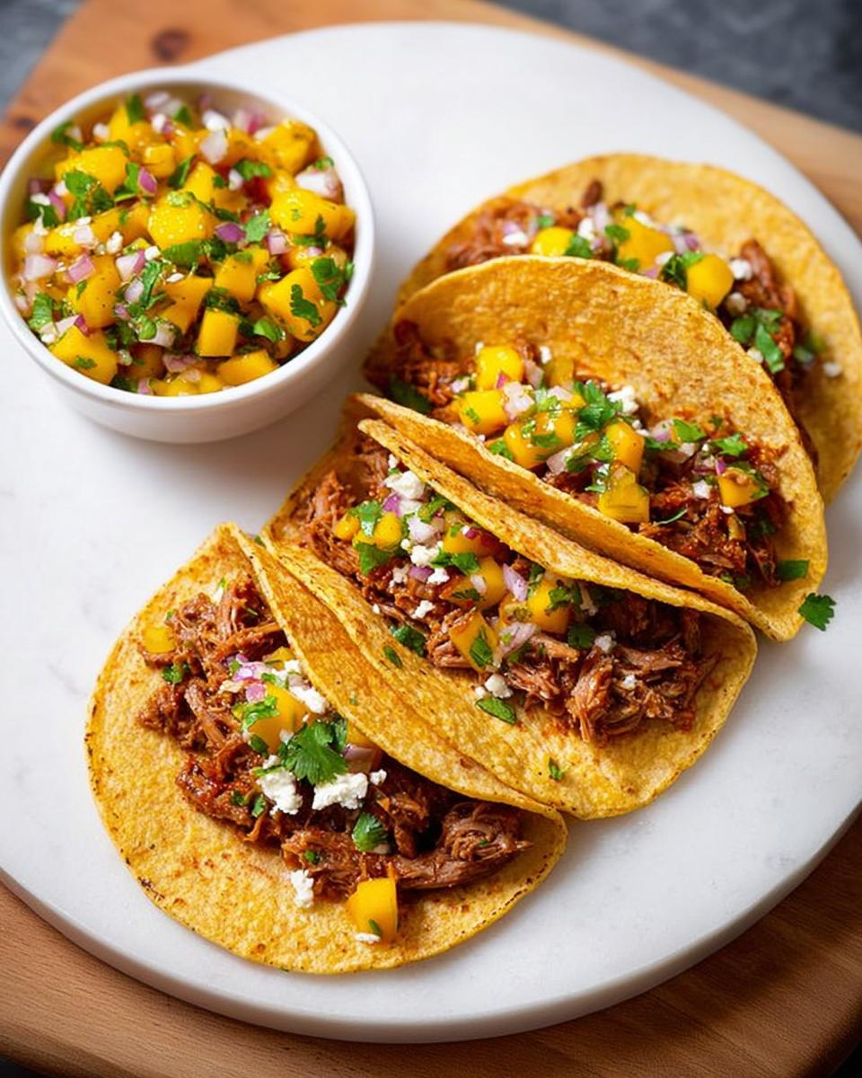 A plate of three delicious 12-Ingredient Taco Tuesday Recipes with shredded meat, mango salsa, and crumbled cheese.