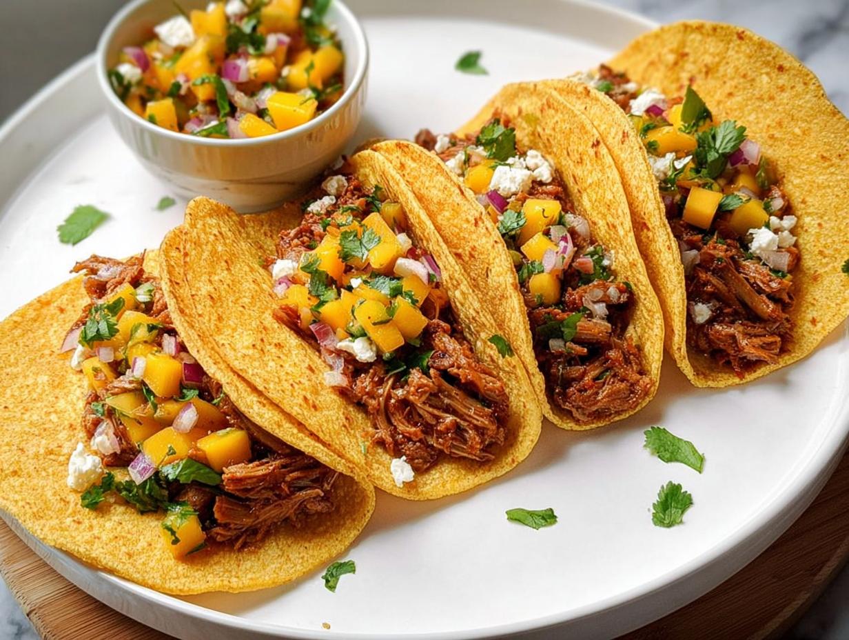 A plate of four corn tortilla tacos filled with shredded meat, mango salsa, crumbled cheese, and cilantro. Perfect for Taco Tuesday!