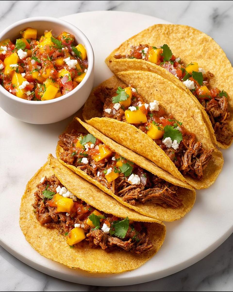 Four corn tortillas filled with shredded beef, mango salsa, and crumbled cheese, perfect for Taco Tuesday.