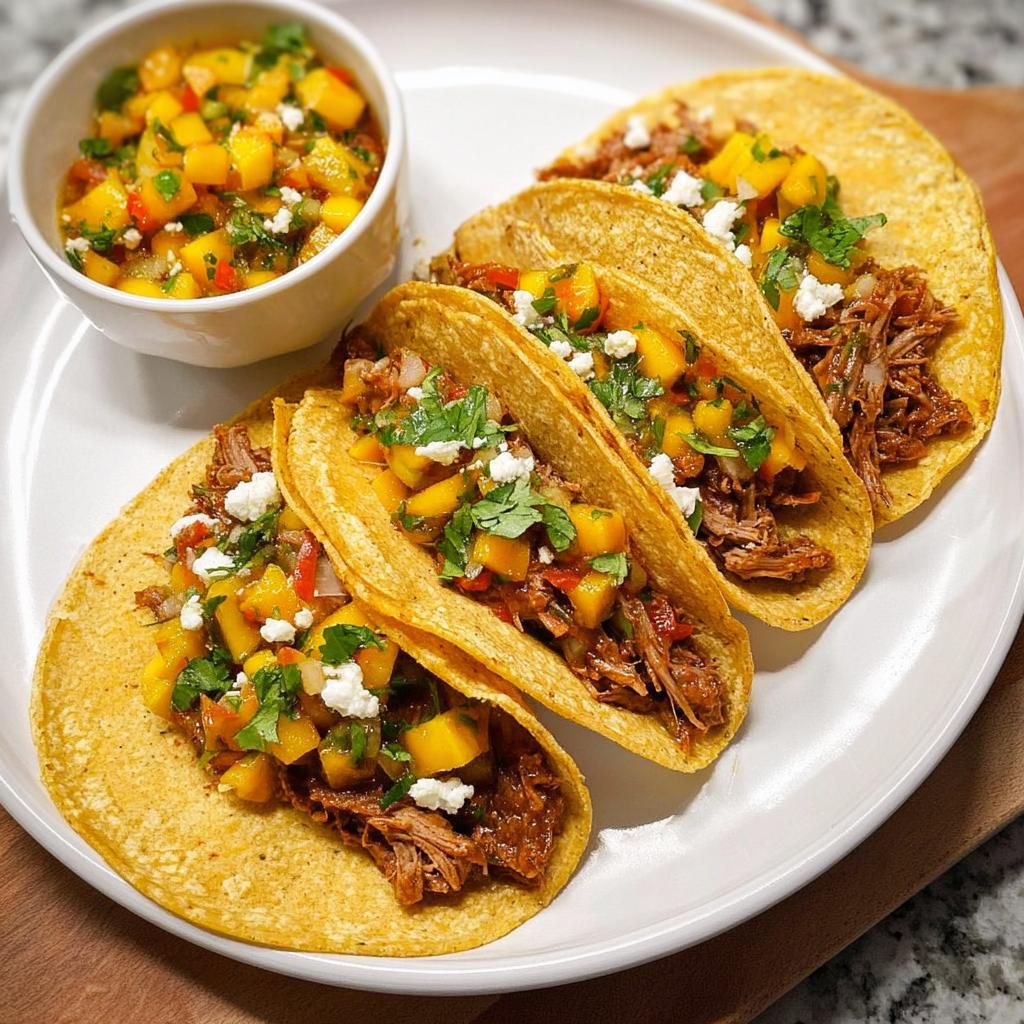 Four corn tacos filled with shredded meat, mango salsa, and crumbled cheese, perfect for 12-Ingredient Taco Tuesday Recipes.