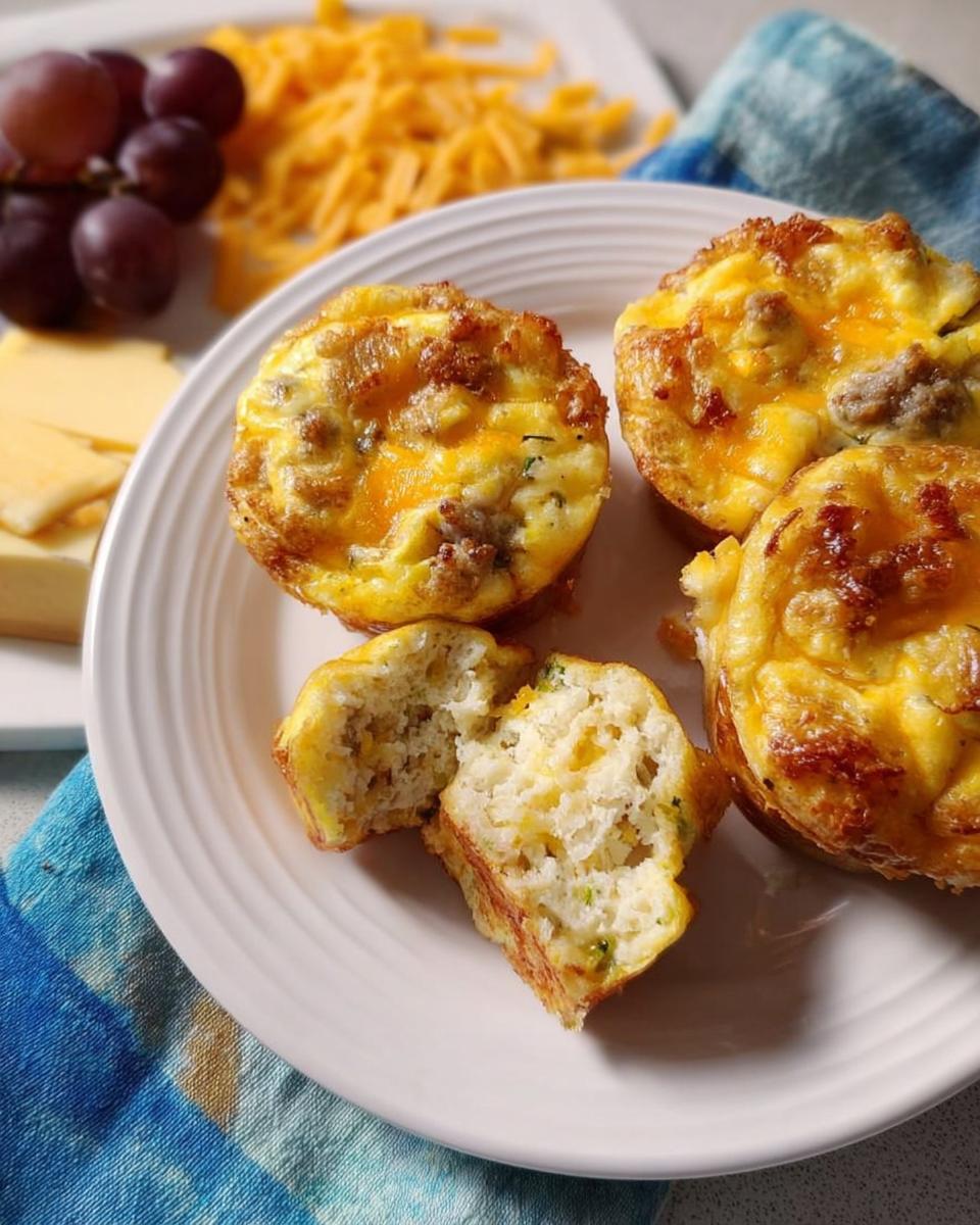 Three savory egg muffins with sausage and cheese on a white plate, one muffin is broken in half to show the fluffy interior. Part of a 20-Ingredient Breakfast recipe.