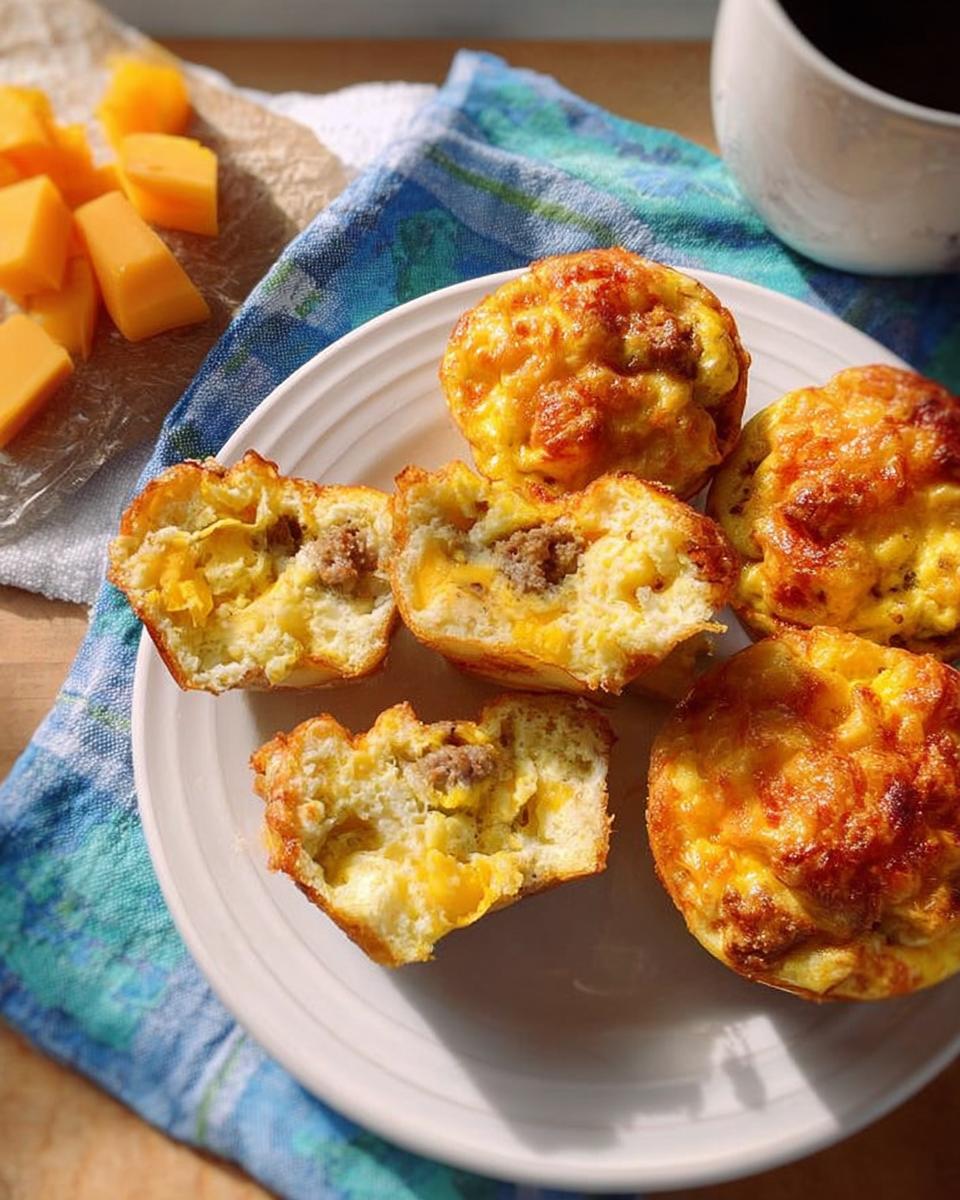 Close-up of sausage and cheese egg muffins, a perfect addition to 20-Ingredient Breakfast Ideas Recipes.