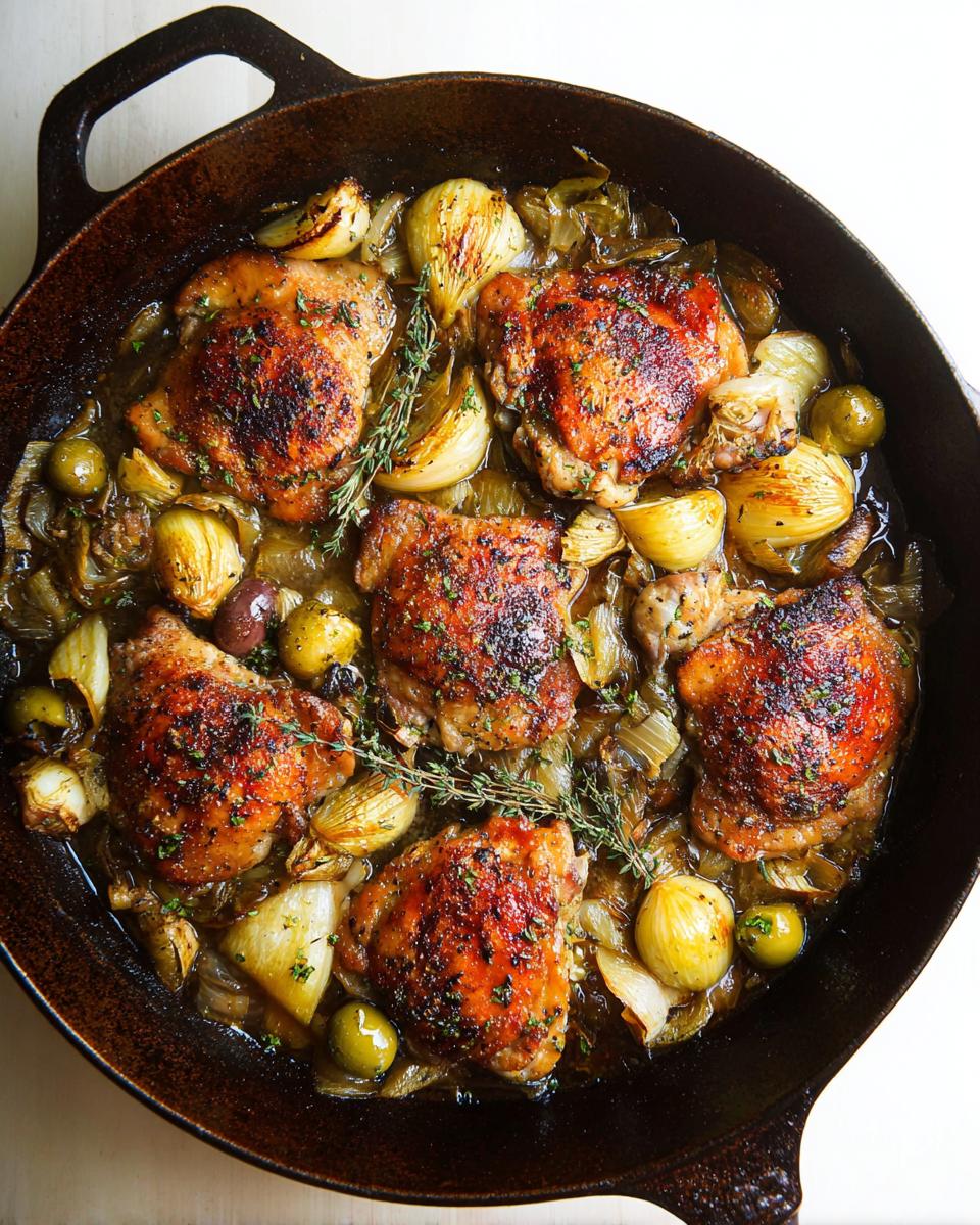 A cast iron skillet filled with 20-ingredient chicken thigh recipes, featuring golden-brown chicken thighs, onions, garlic, and olives.