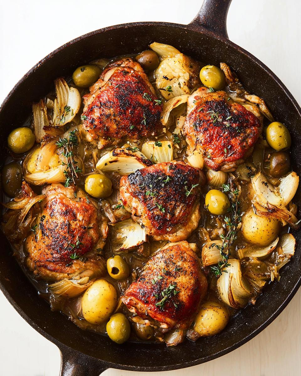 A cast-iron skillet filled with 20-ingredient chicken thighs, olives, fennel, and small potatoes, garnished with thyme.