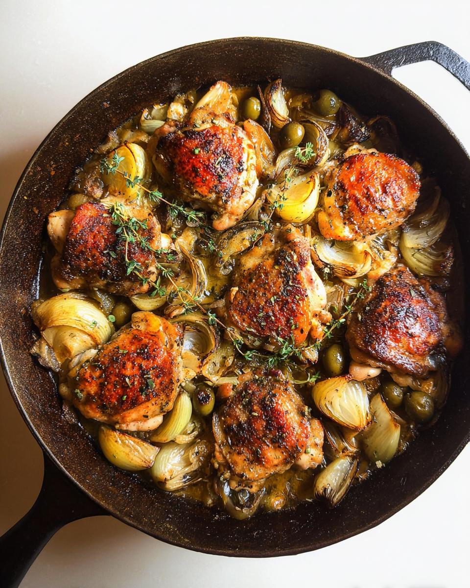 A cast iron skillet filled with 20-ingredient chicken thighs, olives, and onions, garnished with fresh thyme.