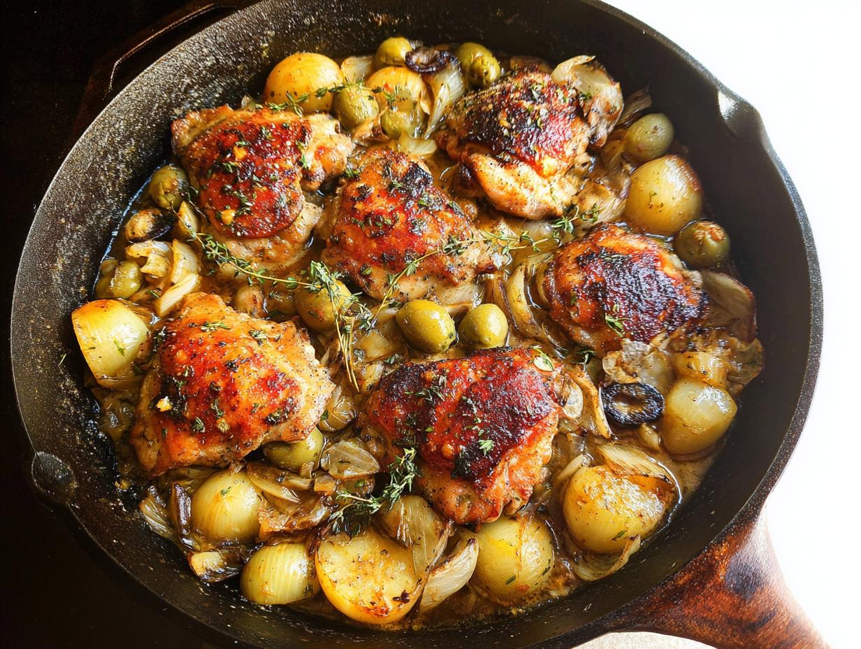 A cast iron skillet filled with juicy chicken thighs, small potatoes, onions, and green olives, seasoned with herbs.