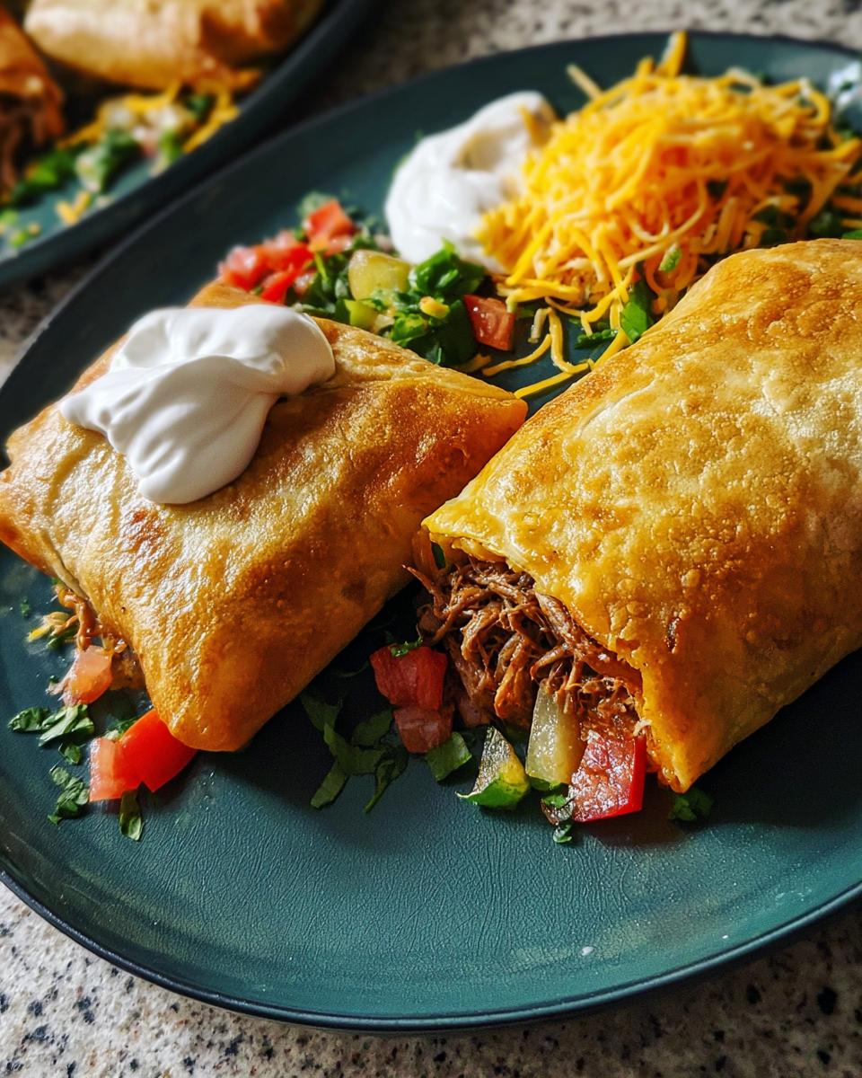 Two crispy fried burritos filled with shredded meat, served with pico de gallo, sour cream, and shredded cheese. Part of 20-Ingredient Easy Dinner Recipes.