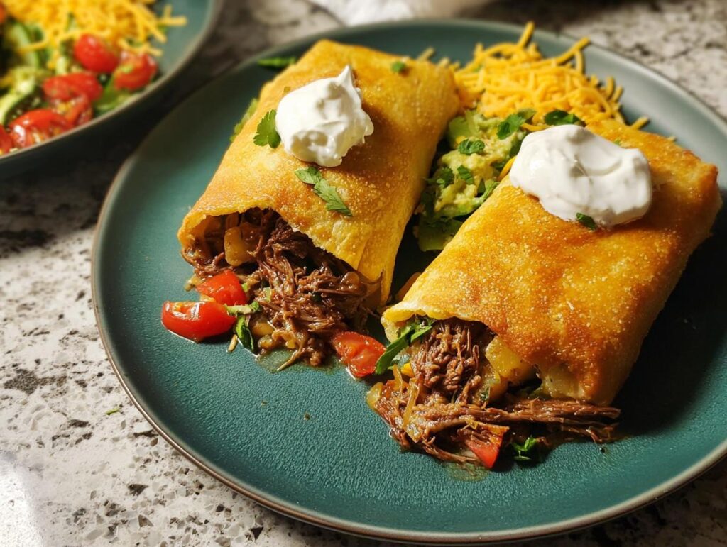 Two shredded beef burritos, topped with sour cream and cilantro, served with guacamole and shredded cheese. Part of 20-Ingredient Easy Dinner Recipes.