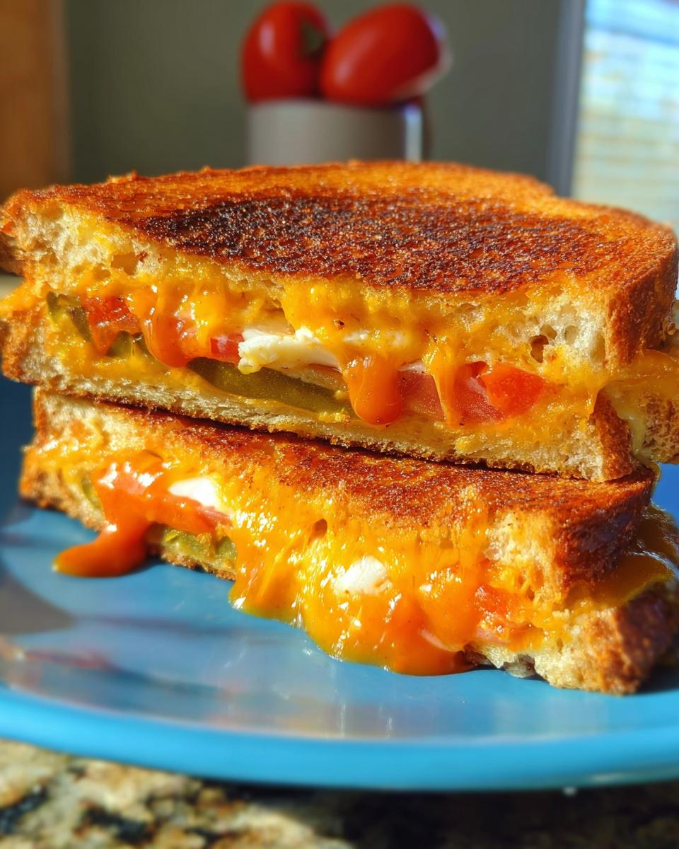 A close-up of a stacked, gooey 20-ingredient grilled cheese sandwich with melted cheese dripping down.