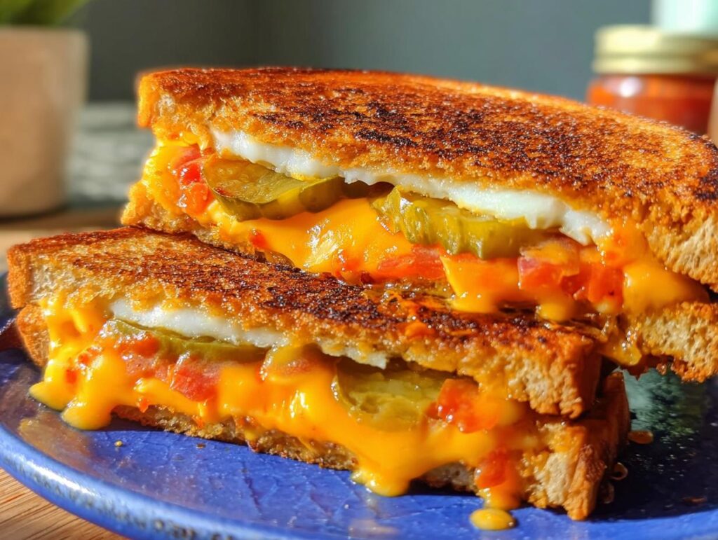 A close-up of a decadent 20-ingredient grilled cheese recipe, sliced in half to reveal melted cheese, pickles, and tomato.