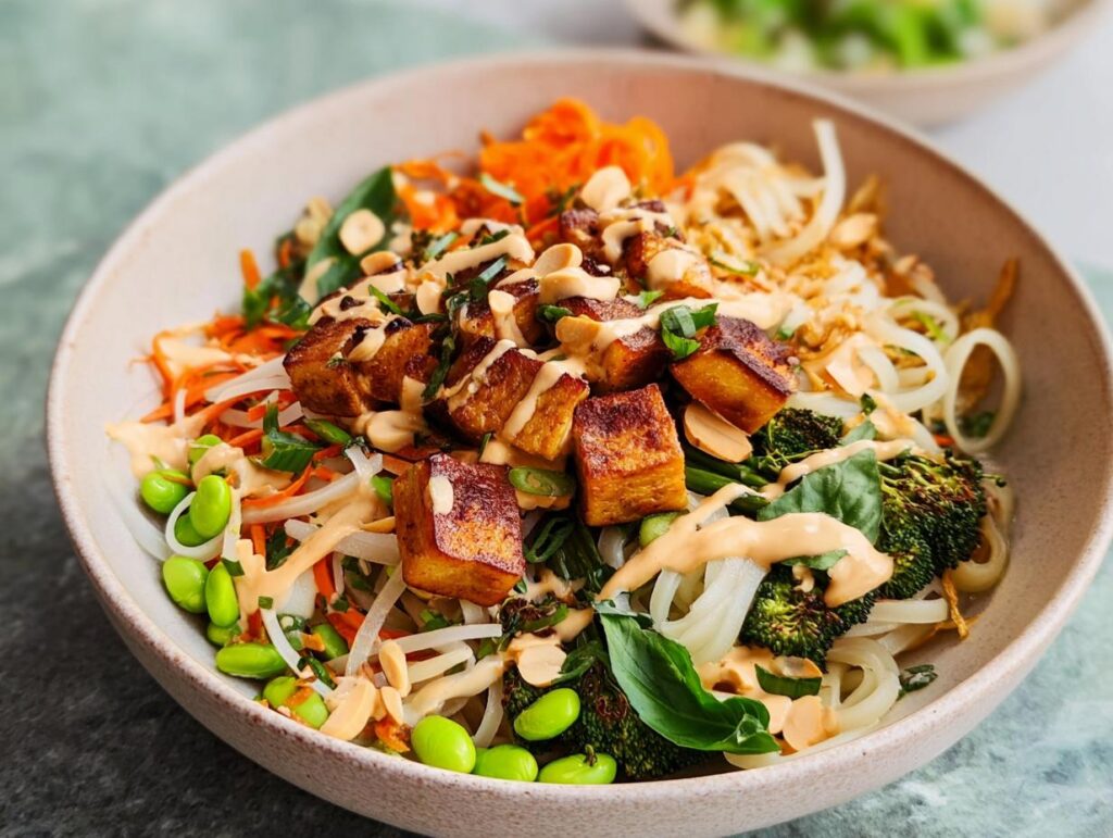 A vibrant and delicious 20-Ingredient Rice Bowl featuring crispy tofu, edamame, broccoli, carrots, noodles, and a creamy sauce.