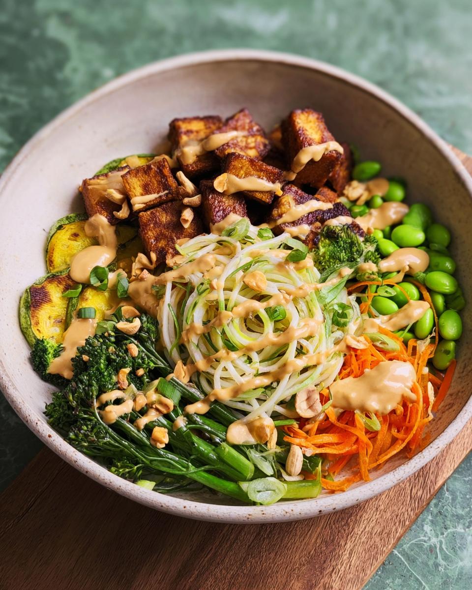 A vibrant bowl of 20-ingredient rice bowls recipe featuring crispy tofu, broccoli, edamame, shredded carrots, and noodles with peanut sauce.