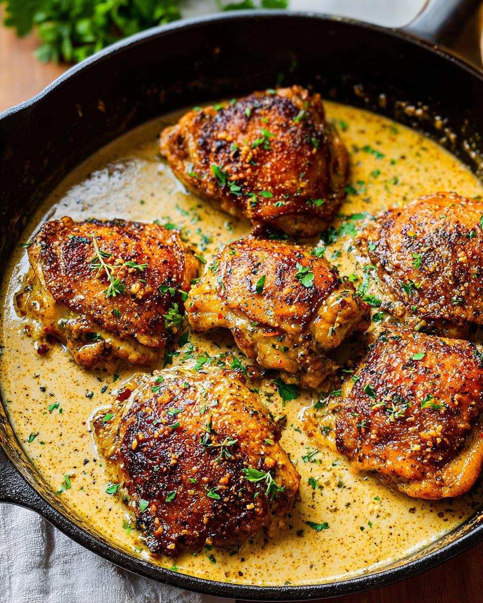 Close-up of golden-brown chicken thighs simmering in a creamy sauce in a cast-iron skillet, garnished with herbs.