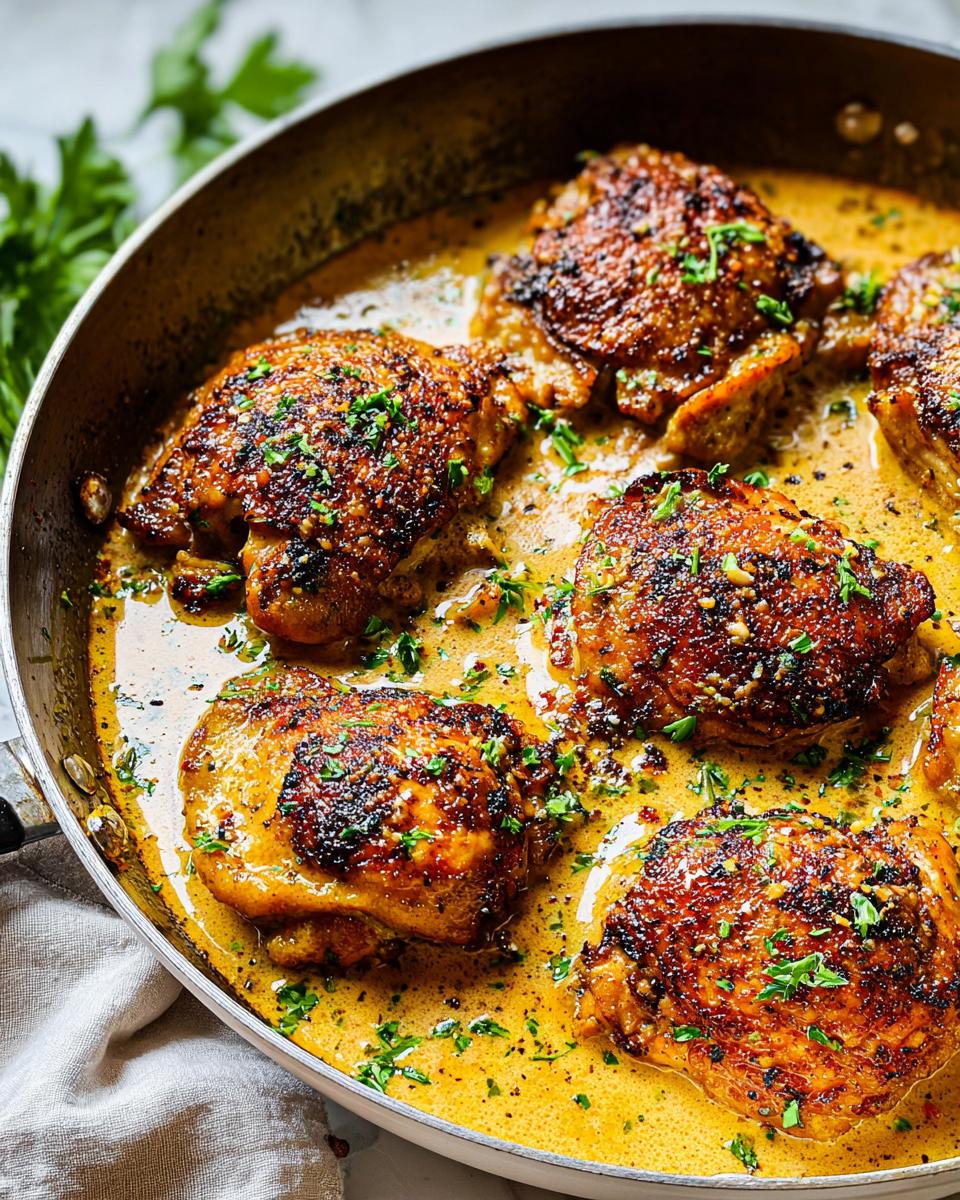 Close-up of pan-seared chicken thighs in a creamy sauce, garnished with parsley. Perfect for 20-minute chicken thigh recipes.