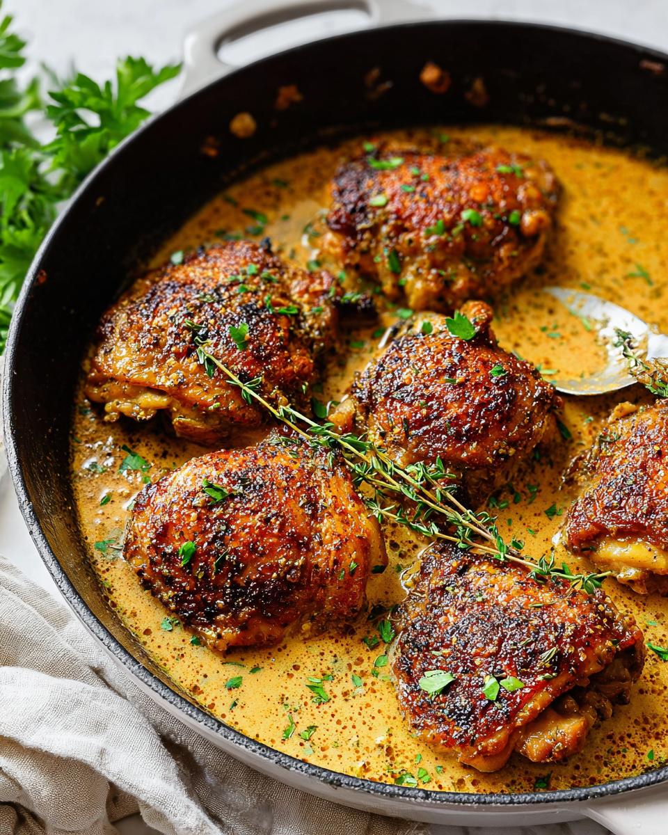 A close-up of pan-seared chicken thighs in a rich, creamy sauce, garnished with fresh herbs. Perfect for quick chicken thigh recipes.