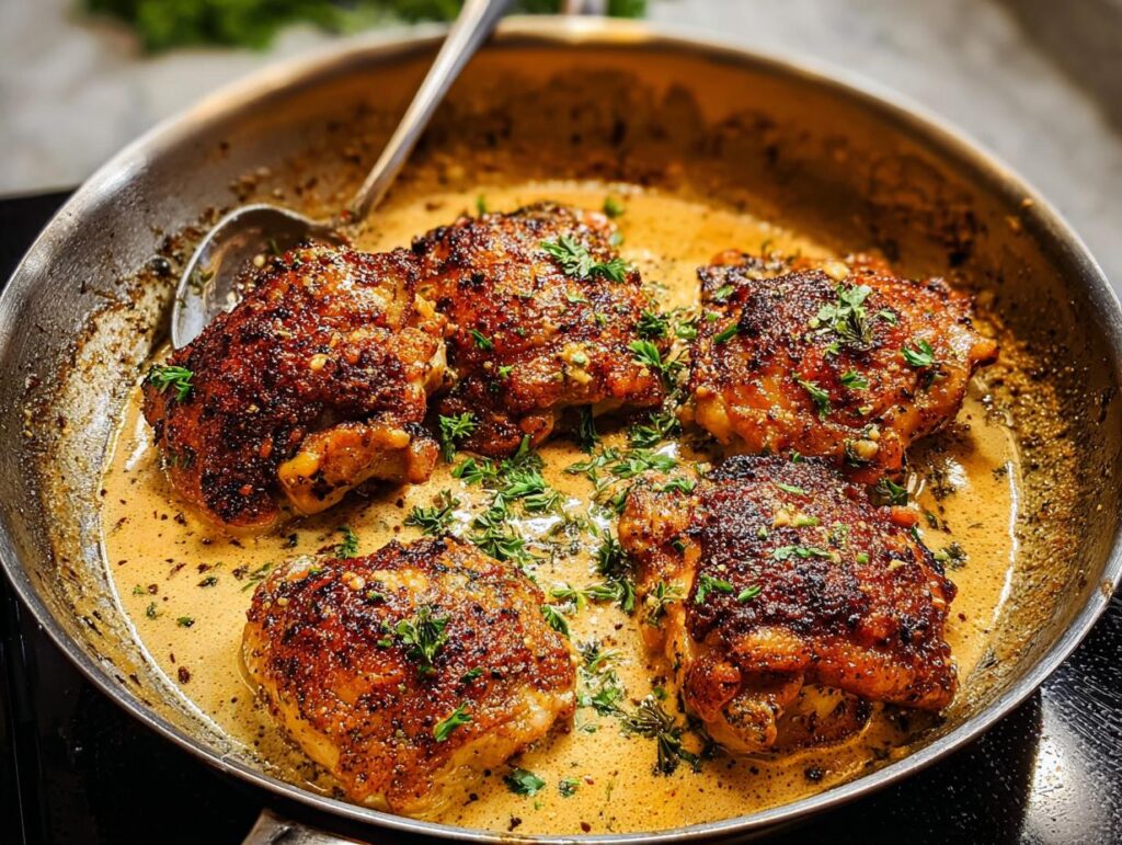 Four juicy, pan-seared chicken thighs in a creamy sauce, garnished with fresh herbs. A quick and easy chicken thigh recipe.