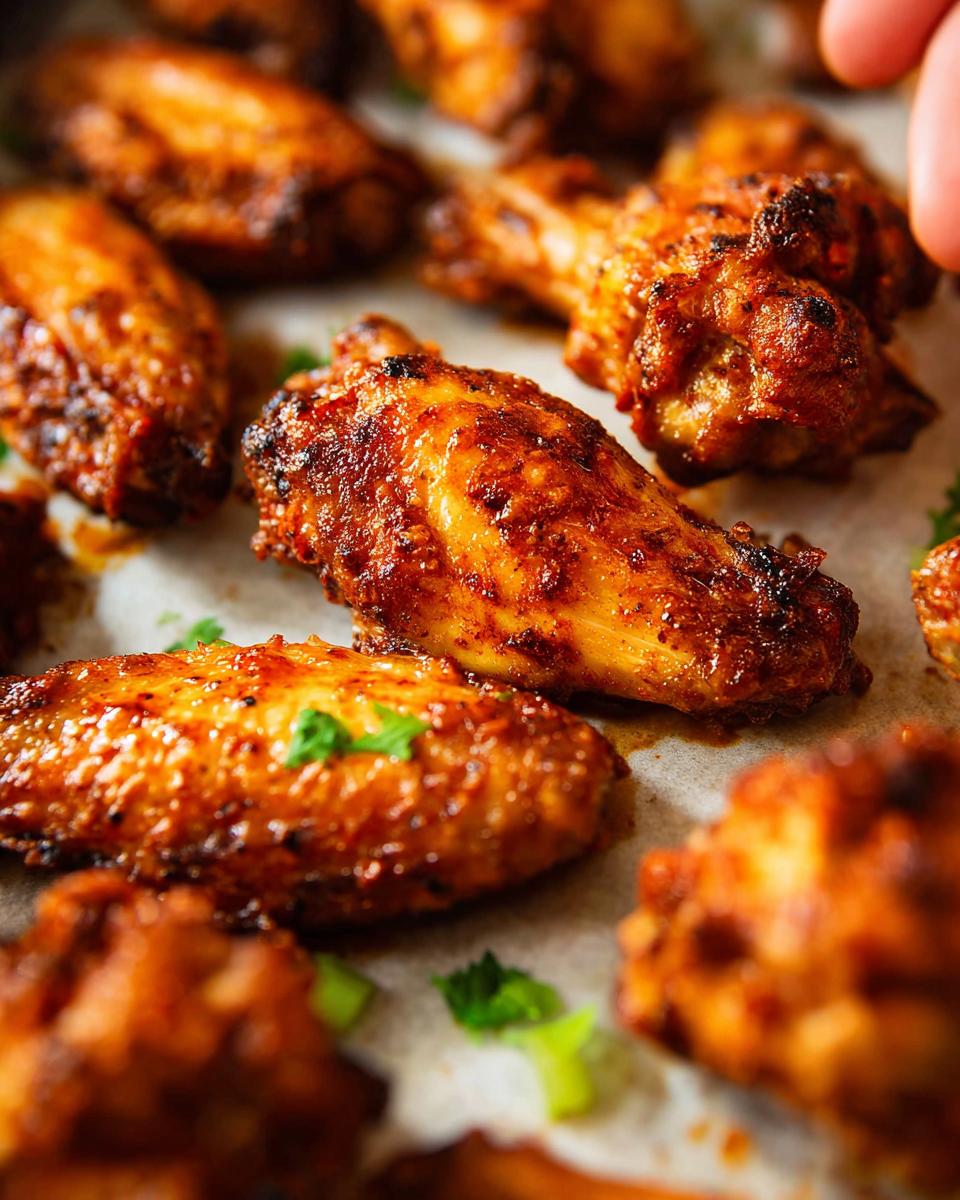 Close-up of perfectly cooked 25-ingredient chicken wings, seasoned and garnished with fresh herbs.