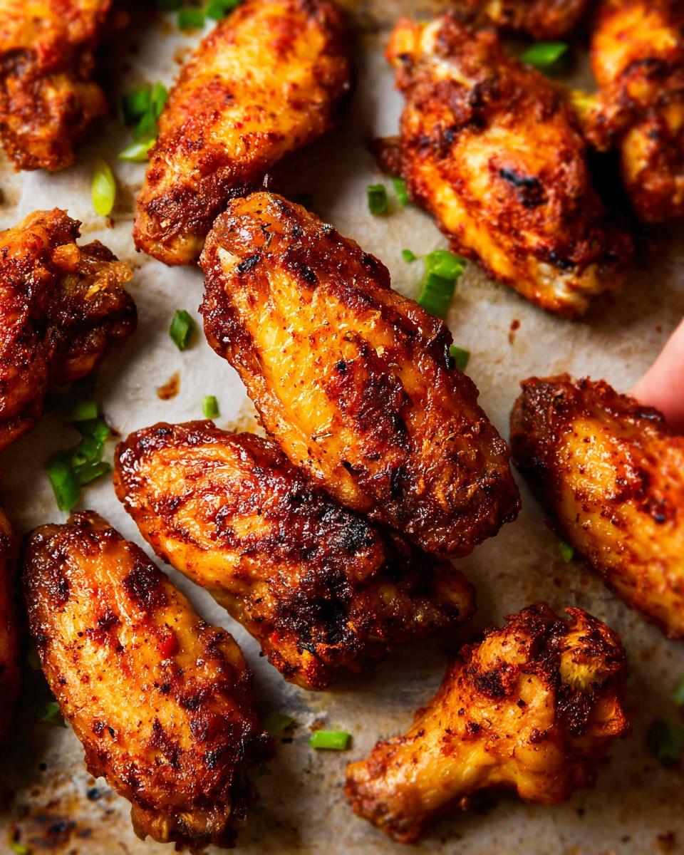 Close-up of crispy, seasoned 25-ingredient chicken wings with chopped green onions.