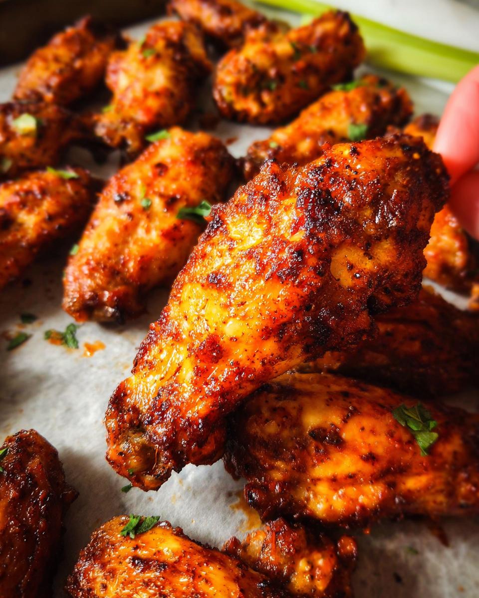 Close-up of perfectly baked 25-ingredient chicken wings, seasoned and garnished with parsley.