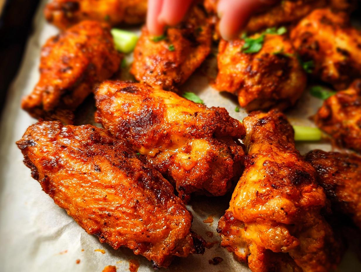 Close-up of crispy, seasoned 25-ingredient chicken wings on parchment paper, with a hand reaching for one.