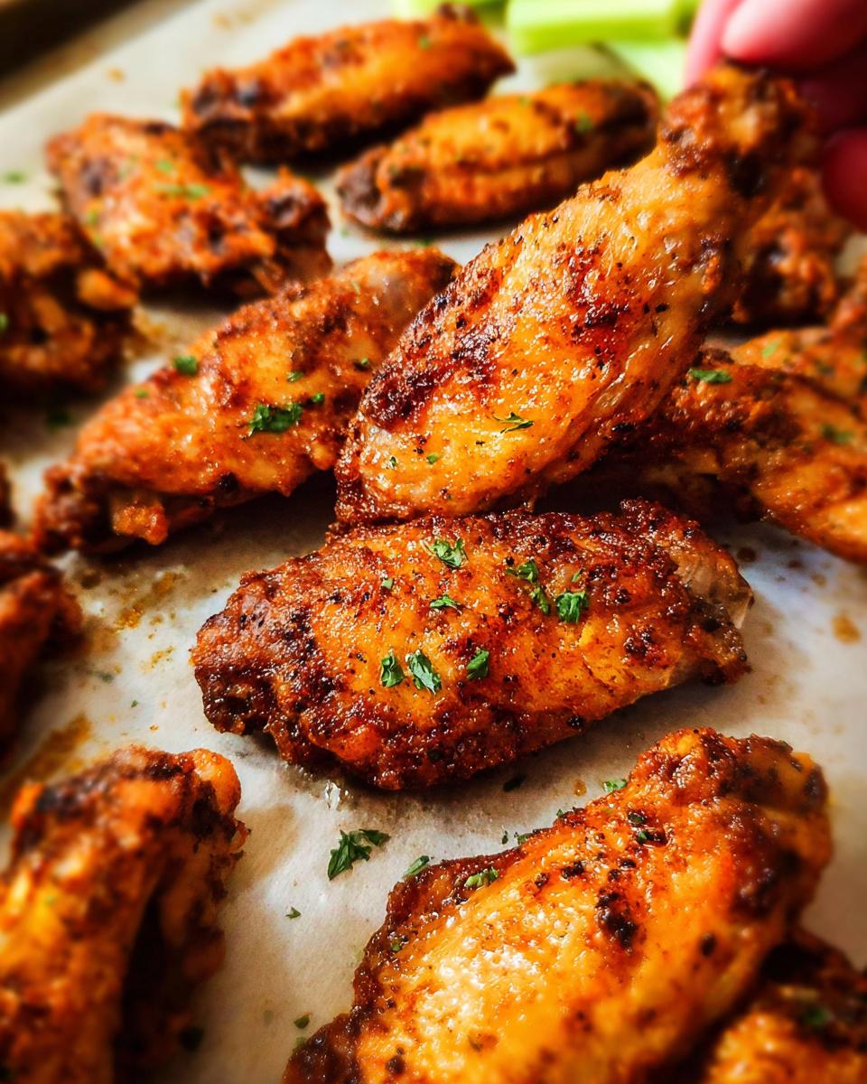 Close-up of crispy baked chicken wings seasoned with spices and garnished with parsley, part of 25-Ingredient Chicken Wings Recipes (No Fuss).