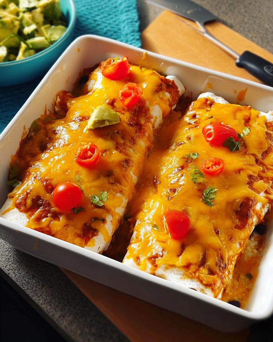 Two cheesy enchiladas topped with cherry tomatoes and avocado, part of 25-Ingredient Healthy Meals Recipes.
