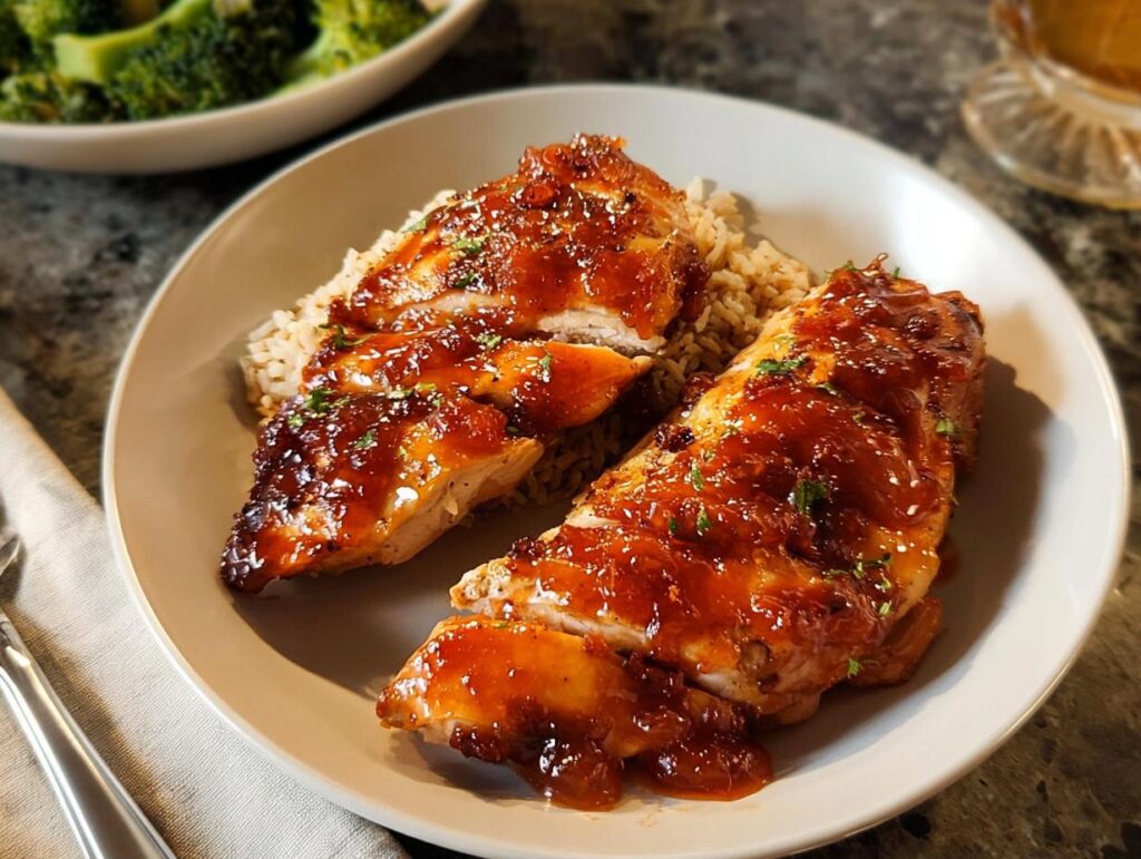 Two glazed chicken breasts served over rice, part of an easy dinner recipe in 25 minutes.