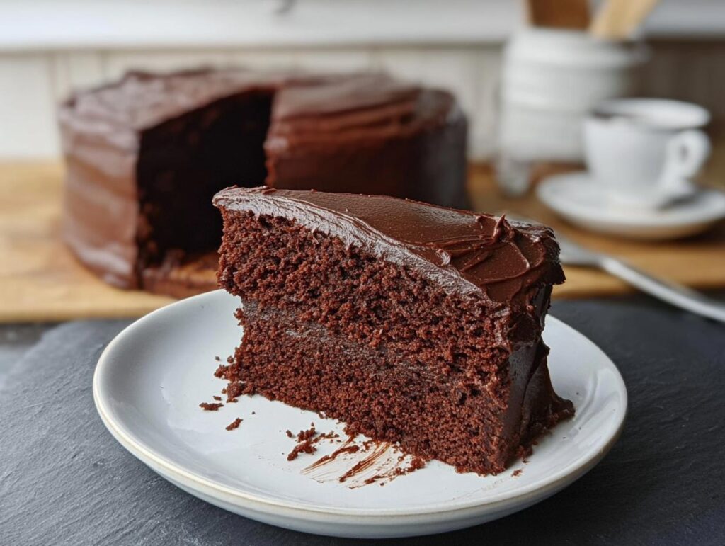 A slice of rich, moist chocolate cake with smooth chocolate frosting, part of 7-Ingredient Cake Ideas Recipes.