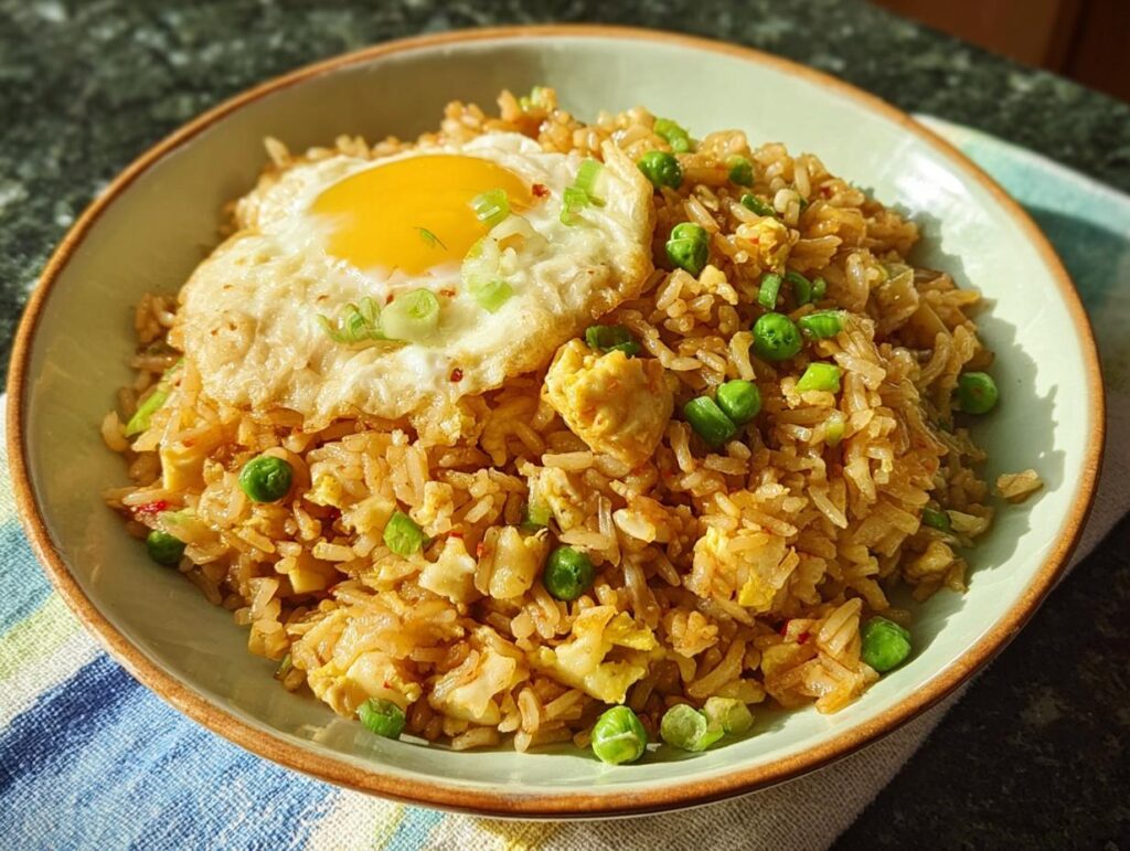 A bowl of 7-Ingredient Egg Fried Rice topped with a sunny-side-up egg and green onions.