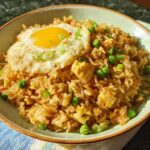 A bowl of 7-Ingredient Egg Fried Rice topped with a sunny-side-up egg and green onions.
